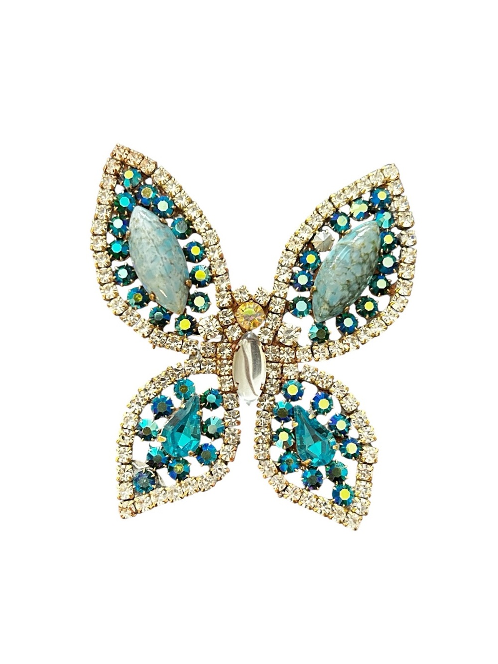 Vintage Czech Crystal Butterfly Brooch — Turquoise Blue Accent